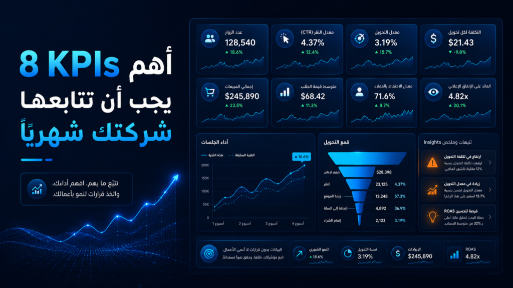 لوحة تحكم تسويقية وKPI Tracking: أهم 8 مؤشرات شهرية للنمو