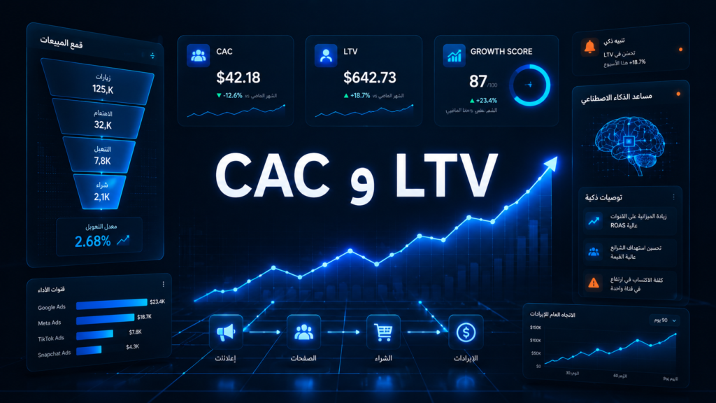 تصميم Blog Cover أفقي 16:9 لهوية Mahira premium AI marketing brand، خلفية كحلي داكنة، واجهة Dashboard مستقبلية بأزرق كهربائي وCyan glow، Funnel تسويقي ثلاثي المراحل من Awareness إلى Conversion إلى Retention، أسهم Growth باللون البرتقالي، بطاقات Analytics وLead Quality وConversion Rate وRevenue System، عنوان عربي واضح داخل الصورة بخط جذاب: "Marketing Funnel"، أسلوب تقني تحليلي B2B، تصميم نظيف Premium، بدون ازدحام بصري، بدون لوجو غير مؤكد، ألوان: كحلي داكن، أزرق كهربائي، برتقالي، أبيض.
