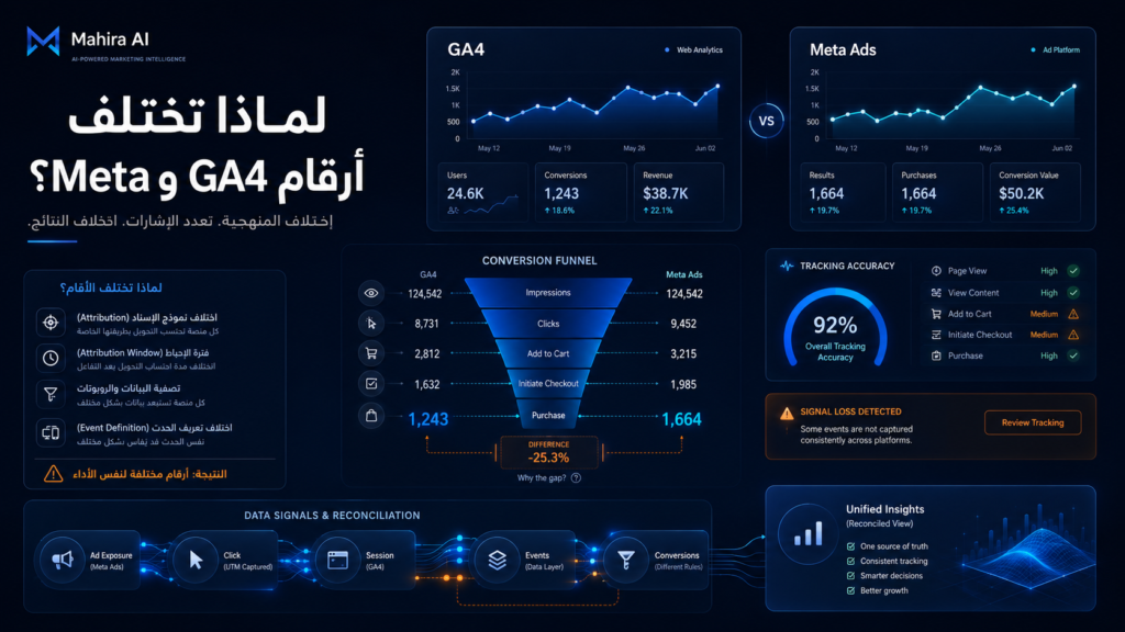 لماذا أرقام جوجل أنالتكس مختلفة عن أرقام ميتا؟ دليل التتبع الصحيح