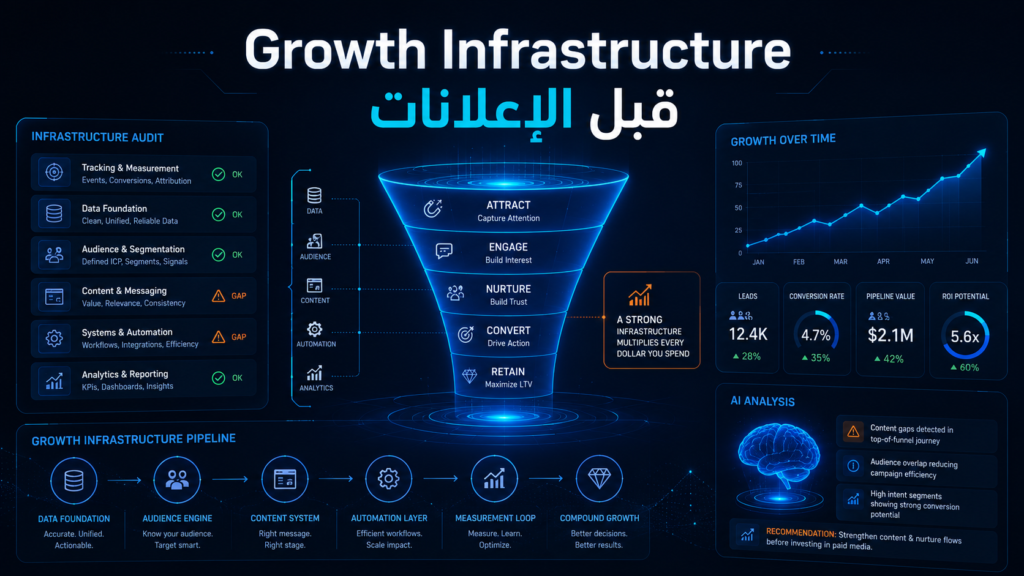 قبل ما تصرف مليم على الإعلانات: هل بنيتك التحتية التسويقية Growth Infrastructure جاهزة لاستقبال العملاء؟