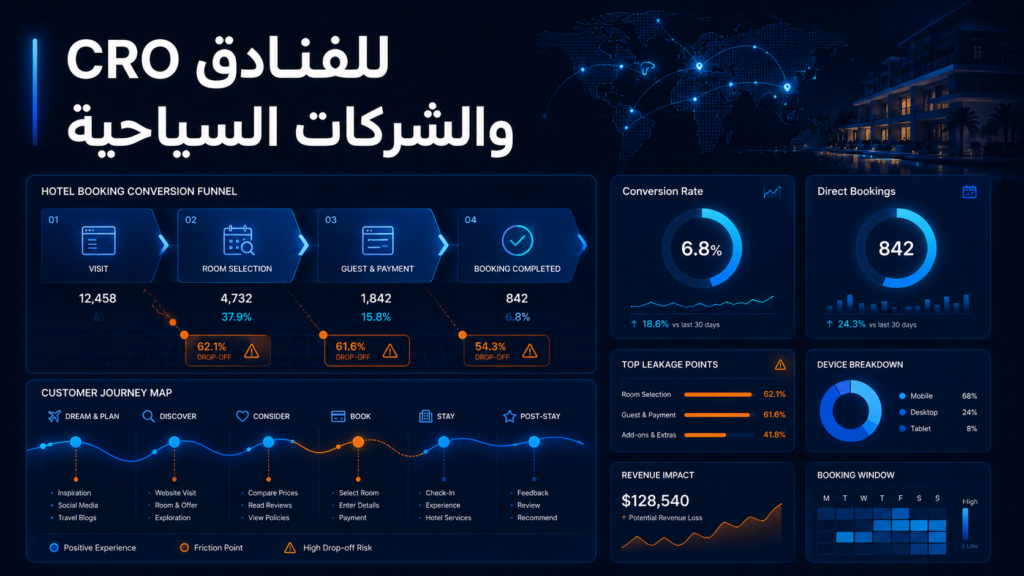 CRO للفنادق والشركات السياحية: أخطاء خفية في موقعك تجعل العميل يغادر ويحجز عبر منصات الوسائط مثل Booking
