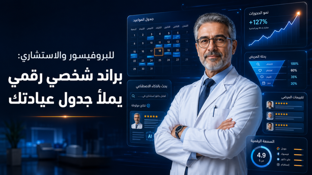 اكتشف كيف يساعد البراند الشخصي للأطباء وأصحاب العيادات على بناء الثقة الرقمية، تحسين الظهور في البحث والذكاء الاصطناعي، وزيادة حجوزات العيادة.