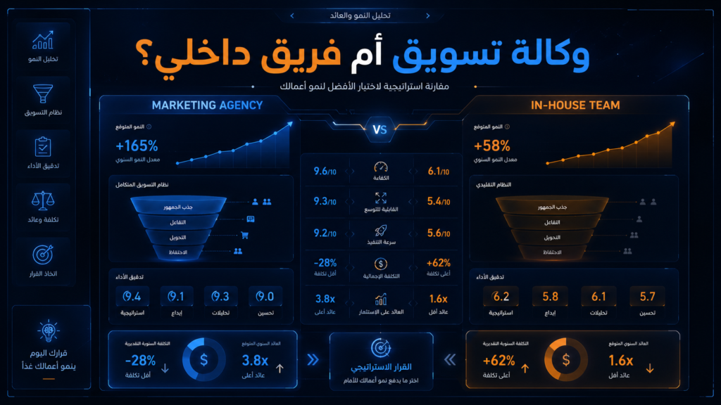 وكالة تسويق خارجية أم فريق تسويق داخلي؟ مقارنة التكلفة والعائد