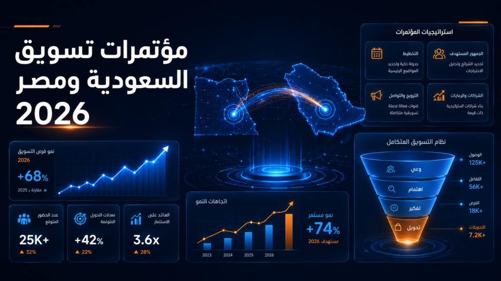 مؤتمرات تسويق السعودية ومصر 2026: دليل استراتيجي لبناء حضور العلامة في أهم فعاليات التسويق والتقنية